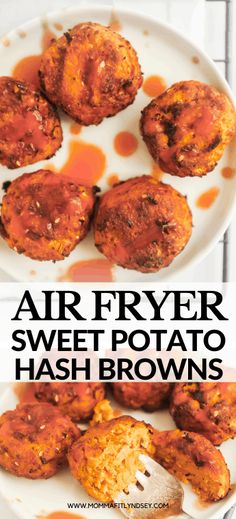 air fryer sweet potato hash browns on a white plate