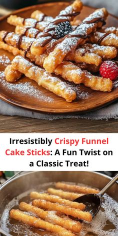 some desserts are being served on a plate with the words irresistiblely crispy funnel cake sticks a fun twist on a classic treat