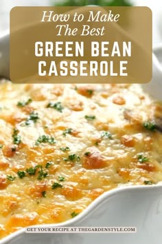 green bean casserole in a white dish with text overlay