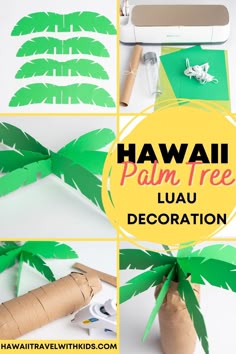 the hawaiian palm tree is made out of construction paper and cut into pieces with scissors