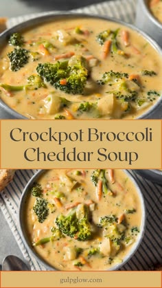 two bowls of crockpot broccoli cheddar soup on a table