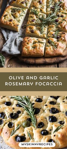 olive and garlic rosemary focaccia pizza on a wooden cutting board with text overlay