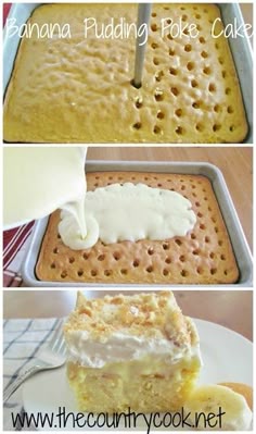 banana pudding poke cake with cream cheese frosting and graham cracker crust on top