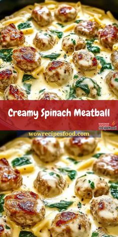 creamy spinach meatball casserole with cheese sauce and spinach on top