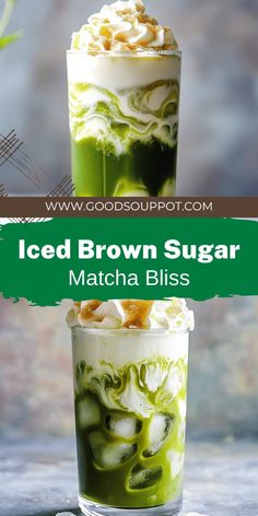iced brown sugar matcha bliss with whipped cream and green liquid in it, on top of