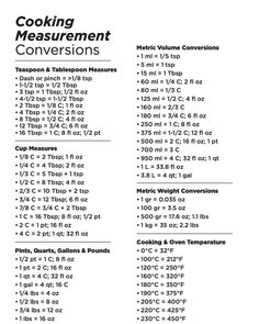 the instructions for cooking measurements and how to use them in order to make it easier