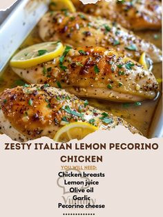 the recipe for zestyy italian lemon pecorino chicken is shown in a pan