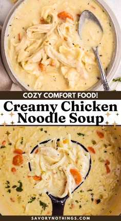 creamy chicken noodle soup in a pot with the title overlay reading cozy comfort food creamy chicken noodle soup