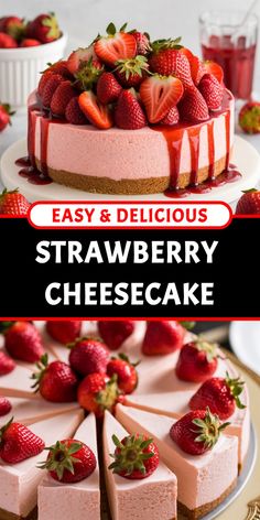 easy and delicious strawberry cheesecake recipe on a plate with strawberries in the background