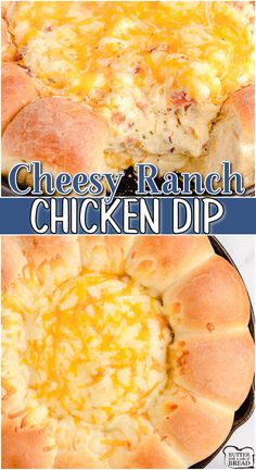 cheesy ranch chicken dip in a cast iron skillet