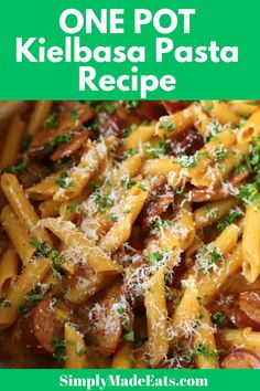Kielbasa pasta topped with cheese and parsley.