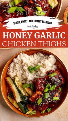 a bowl filled with chicken and vegetables next to rice