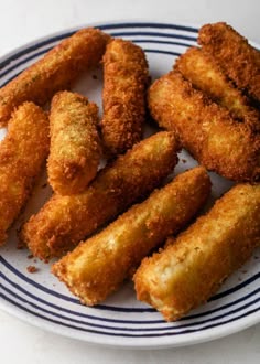 some fried food on a white and blue plate