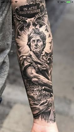 Julius Caesar Tattoo Forearm, Roman Sleeve Tattoo Men, Mens Roman Sleeve Tattoo, Ancient Roman Tattoo Sleeve, Roman Tattoo Sleeve, Caesar Tattoo, Ancient Rome Tattoo Sleeve, Greek Statue Forearm Tattoo, Roman Arm Sleeve Tattoo