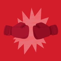two red boxing gloves on top of each other in front of a red background with the word
