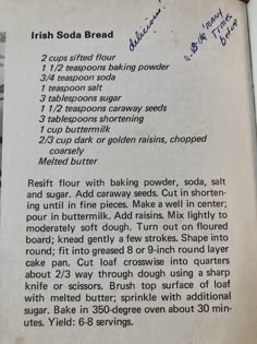 the recipe for irish soda bread is shown in an open book with writing on it