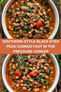Bowl of black eyed peas cooked in a rich broth with tomatoes, greens, and meat chunks, topped with herbs.