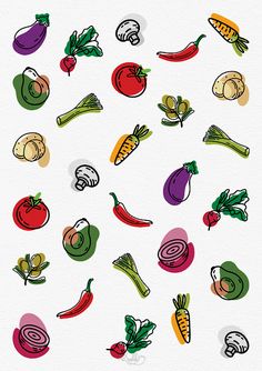 an image of vegetables drawn on paper with colored pencils and watercolor paints in different colors