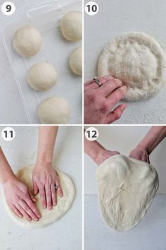 four pictures showing how to make pizza dough