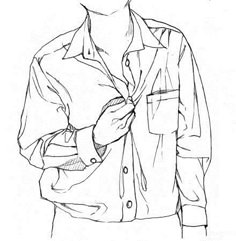 a black and white drawing of a man's shirt with his hands in his pockets