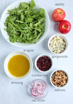 the ingredients for an apple cider salad are shown in bowls and labeled with their names