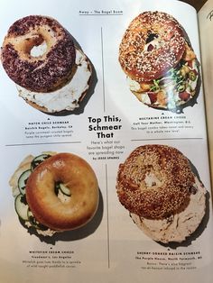 an open book showing different types of bagels