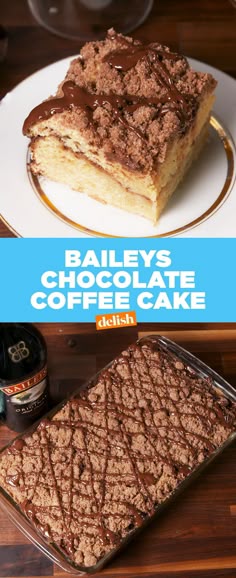 two pieces of chocolate coffee cake on a plate with the title bailey's chocolate coffee cake
