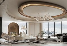 an elegant living room with zebra print rugs and large windows looking out onto the city