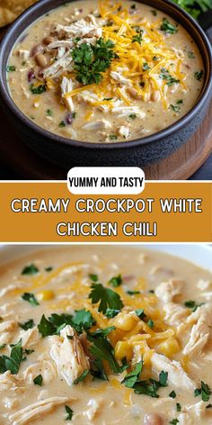 creamy crockpot white chicken chili is an easy and tasty dinner that's ready in under 30 minutes