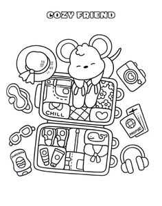 a coloring page with an image of a mouse and other items on it, including toys