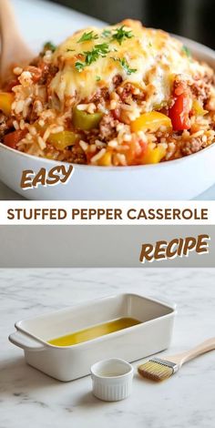 an easy stuffed pepper casserole recipe in a white bowl and on a counter