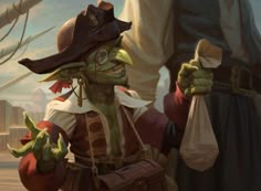 an animated character dressed in pirate garb and holding a bag while standing next to another character