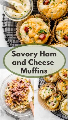 savory ham and cheese muffins on a cooling rack with text overlay