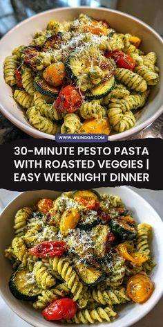 two bowls filled with pasta and vegetables on top of each other, the same bowl is full