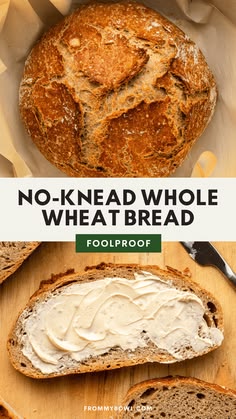 no knead whole wheat bread with white frosting on top and the words fool proof