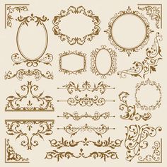 a set of ornate frames and dividers in brown on a white background stock photo