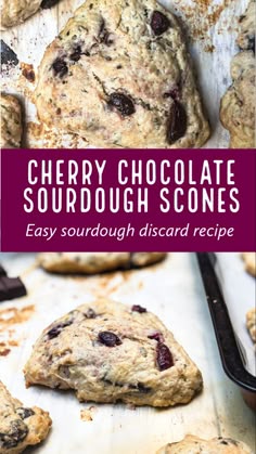 chocolate sourdough scones on a baking sheet with text overlay