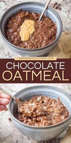 chocolate oatmeal in a bowl with a spoon and title text above it