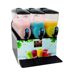 three drinks dispensers filled with different colored beverages