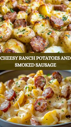 two pictures showing different types of baked potatoes and smoked sausage in a skillet with text overlay