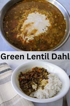 there are two pictures of different foods in the same bowl, one is green lentil and the other is white rice