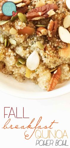 a white plate topped with rice covered in nuts and other toppings on top of it