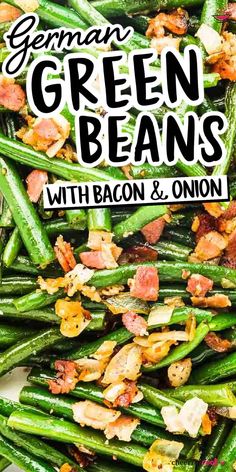 green beans with bacon and onion on a white plate