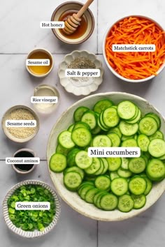 the ingredients for this vegetable soup include carrots, cucumbers, and seasonings