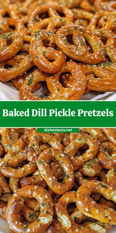 baked dill pickle pretzels on a platter with the title above it