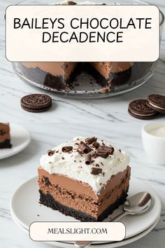bailey's chocolate decadent cake with oreo cookies on the side and one slice missing