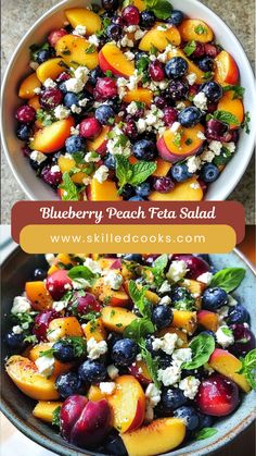 blueberry peach and feta salad in a bowl