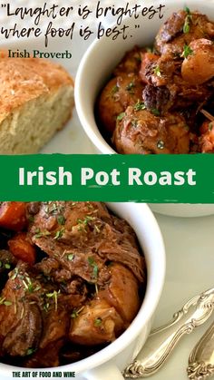 there is a bowl of food with meat and bread on the plate next to it