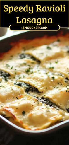 a casserole dish with spinach, cheese and sauce in a pan on a table