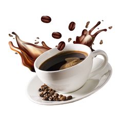 coffee splashing out of a white cup on top of a saucer with beans